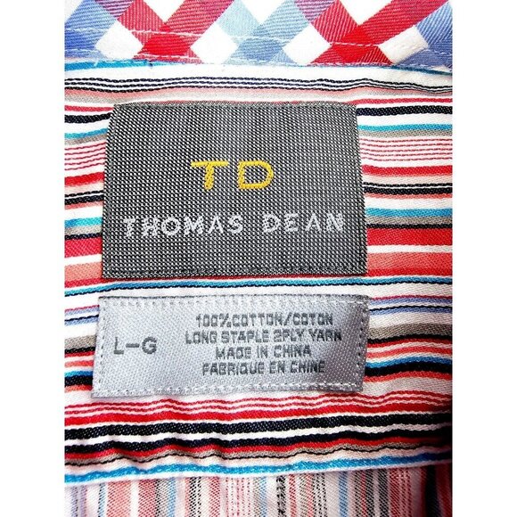 Thomas Dean Size Large Mens Multi Stripe Embroidered Logo Spread Collar Shirt - Picture 4 of 11